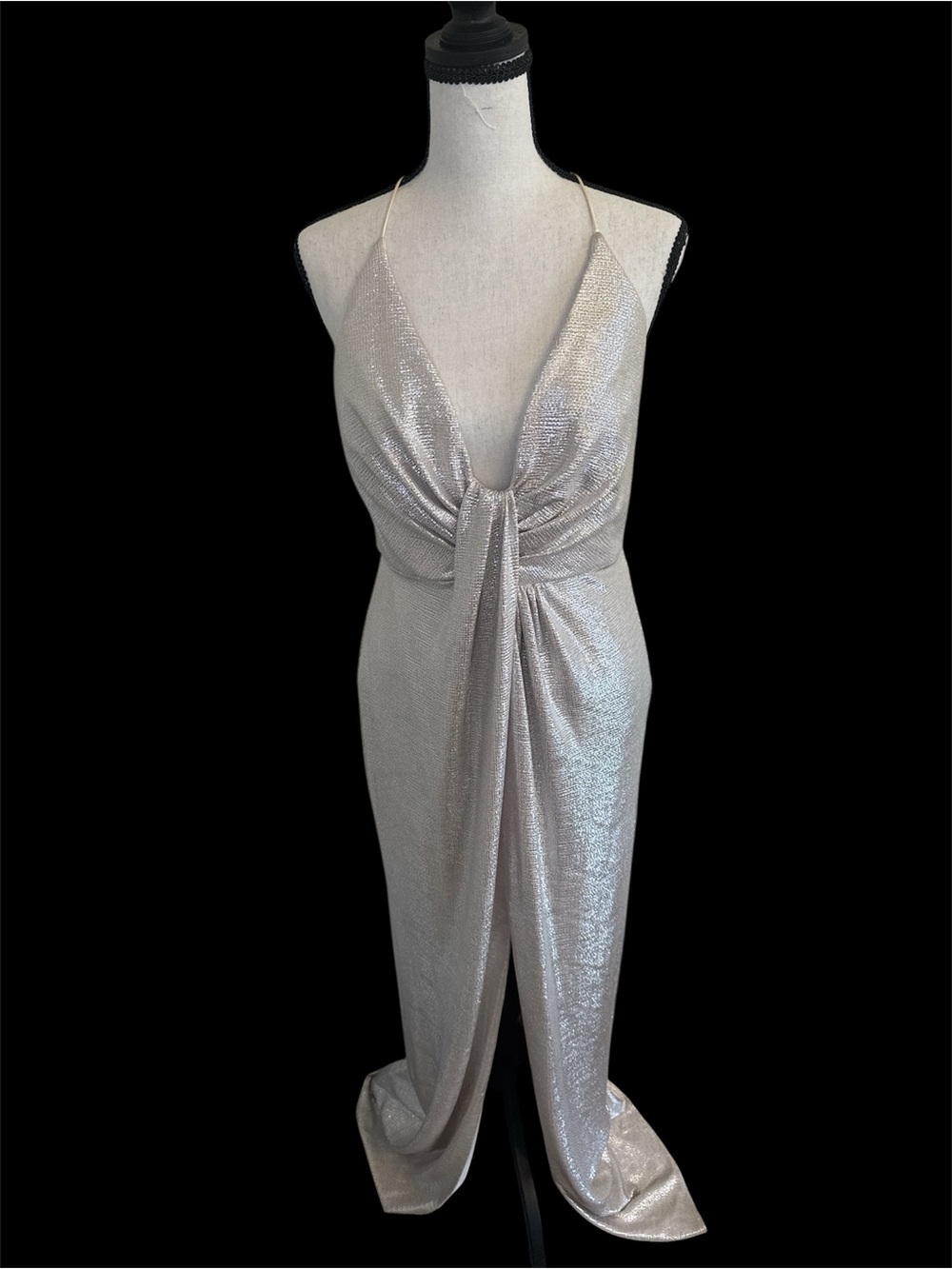 Aidan Mattox Silver Metallic Deep-V Thigh-Slit Gown size 8 - Picture 2 of 6
